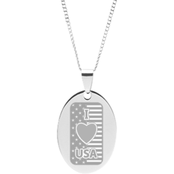 Stainless Steel Engraved I Love USA Flag Oval Pendant With FDR Quote