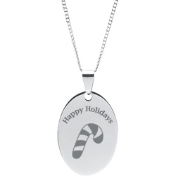 Stainless Steel Personalized Engraved Happy Holiday Candy Cane Oval Pendant