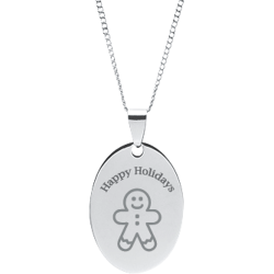 Stainless Steel Personalized Engraved Happy Holiday Ginger Bread Man Oval Pendant