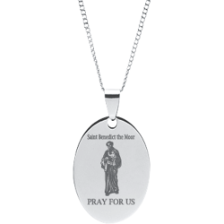 Stainless Steel Engraved Saint Benedict The Moor Oval Pendant With Prayer
