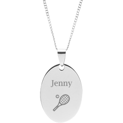 Stainless Steel Personalized Engraved Tennis Racket Oval Pendant with Chain