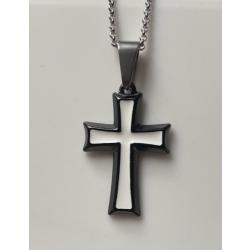 Black and White Stainless Steel Cross Pendant on Chain
