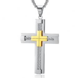 Personalized Engraveable Bold Cross Pendant with Cable and Gold Inset