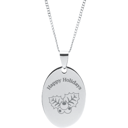 Stainless Steel Personalized Engraved Happy Holiday Holly Oval Pendant
