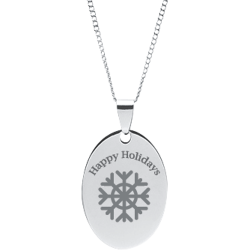 Stainless Steel Personalized Engraved Happy Holiday Snow Flake Oval Pendant