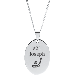 Stainless Steel Personalized Engraved Hockey Stick & Puck Oval Pendant with Chain