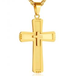 Gold tone Stacked Cross Pendant on Gold tone Chain