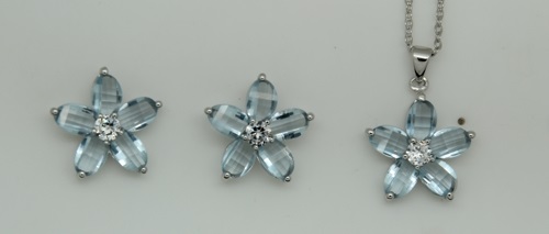 Sterling Silver and Blue Cubic Zirconia Flower Pendant and Pierced Earring Set
